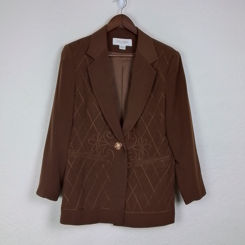 La Moda‎ Womens Blazer 10 Brown Embroider Button Front Single Breast Notch Lapel